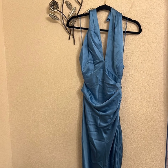 New - The Sei  Cross Wrap Halter Gown blue silk - Picture 5 of 16